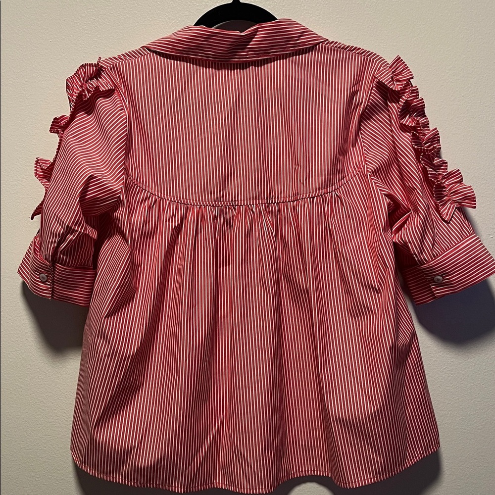 WALTER BAKER Red White Striped Button-Down Short Sleeve Blouse, Ruffle, Size S - Picture 10 of 12